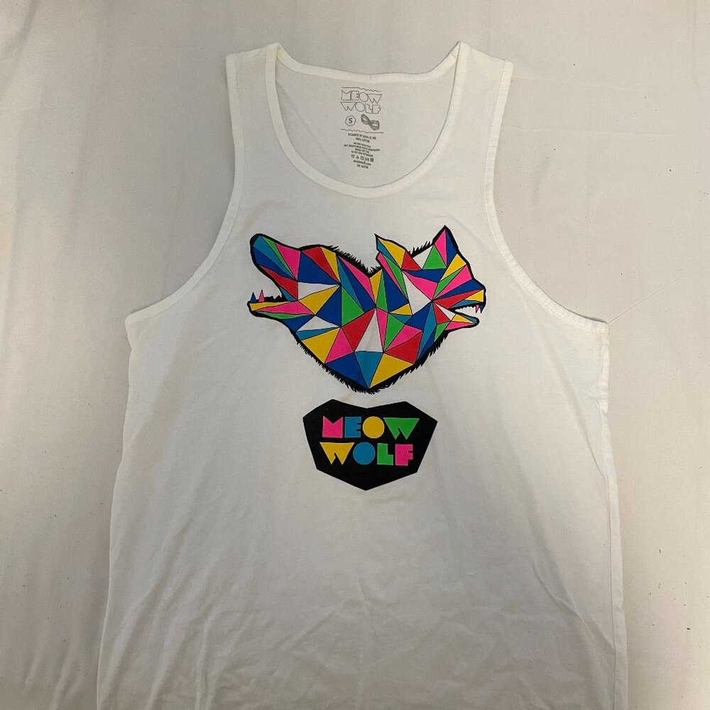 Meow Wolf White Tank Top with Colorful Geometric Design